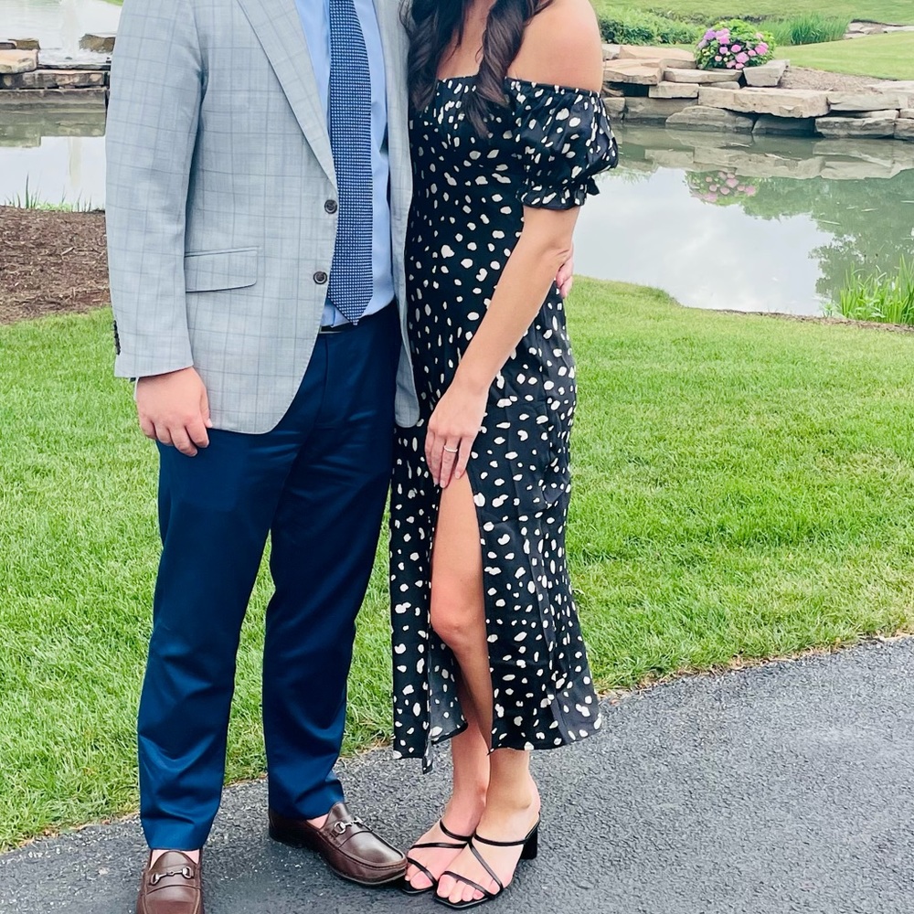 Petal and Pup black and white off the shoulder midi dress with slit